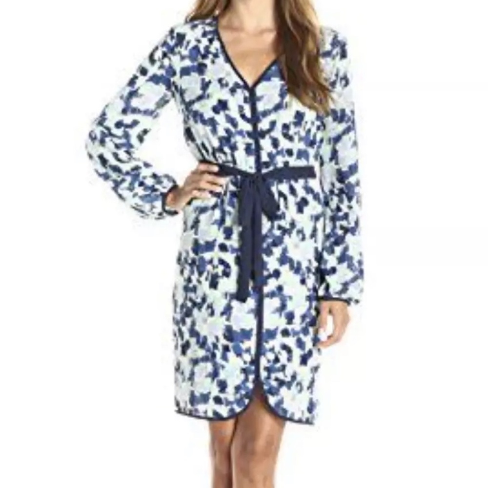 BCBGMaxAzria Abstract Print Midi Dress Shadow Blue L Casual Spring Office NWT